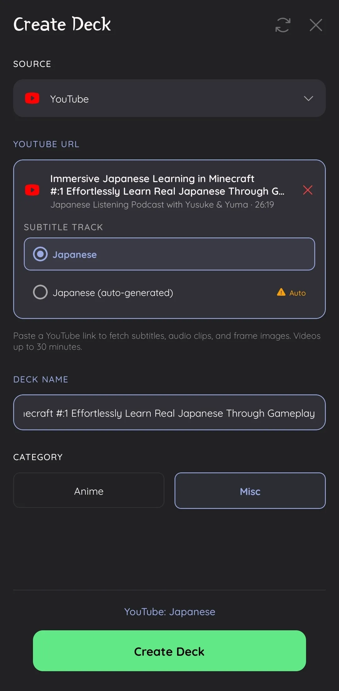 Create deck from YouTube
